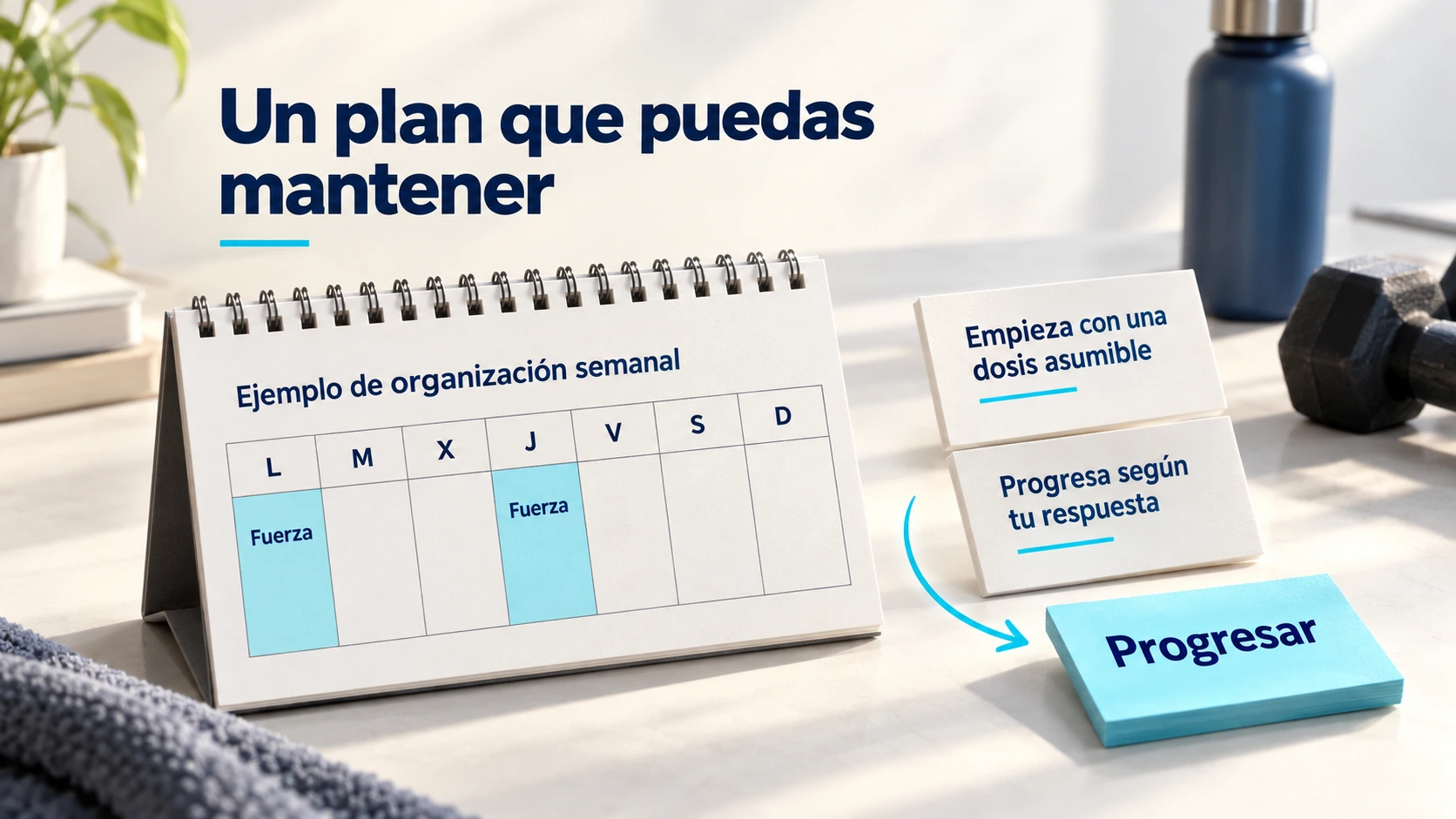 Organización de dos sesiones de fuerza en una semana y progresión desde una dosis asumible.