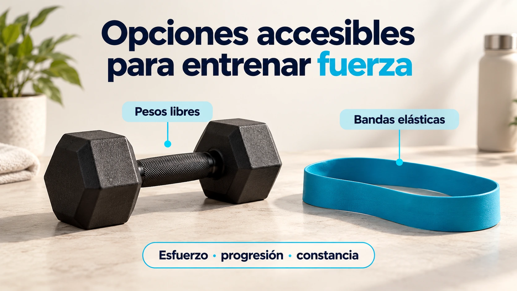 Mancuerna y banda elástica como opciones de material para entrenar fuerza con esfuerzo y progresión.