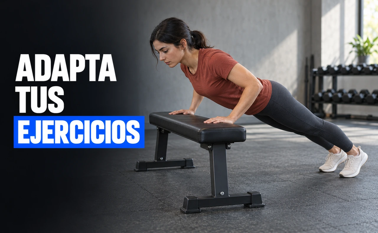 Deportista joven realizando una flexión inclinada con las manos apoyadas en un banco, con el titular «Adapta tus ejercicios».