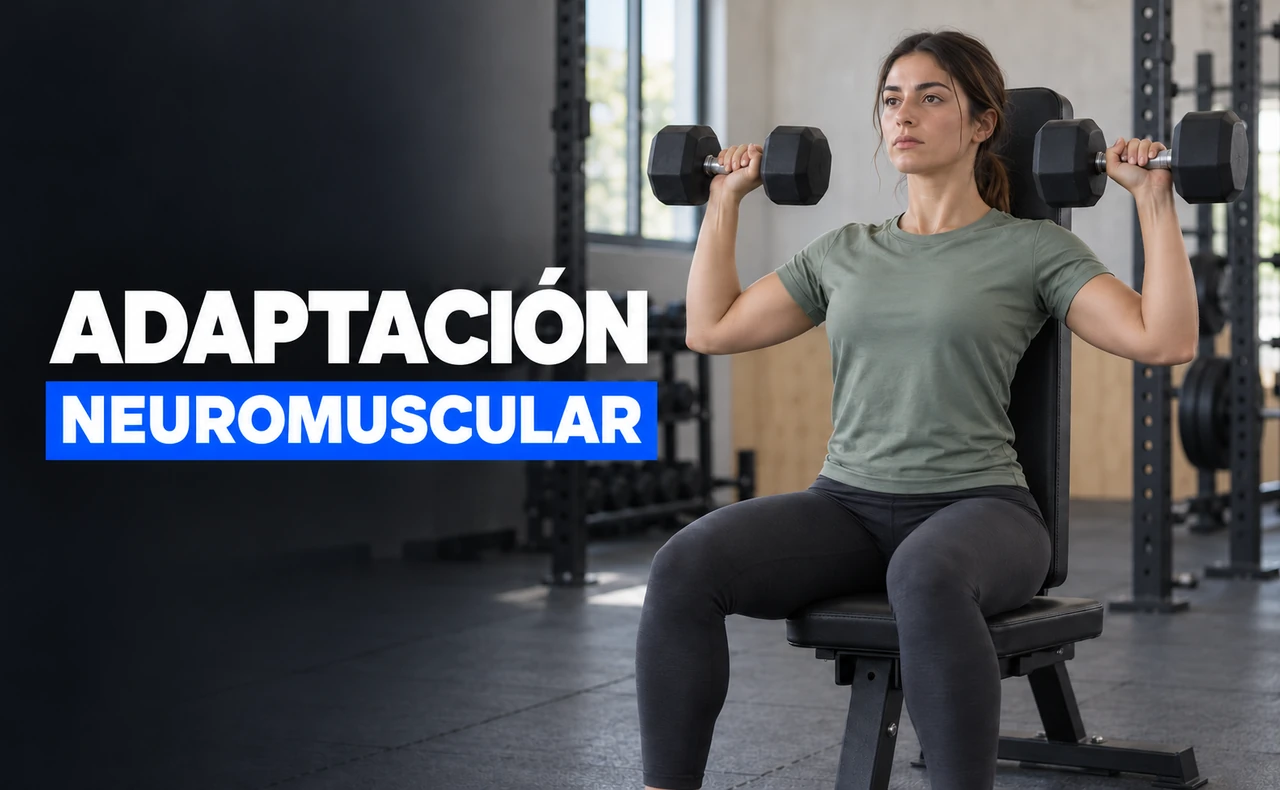 Deportista joven sentada con una mancuerna en cada mano a la altura de los hombros, con el titular «Adaptación neuromuscular».