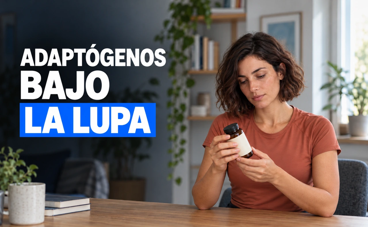 Mujer joven examinando un envase de suplemento en una mesa, junto al titular «Adaptógenos bajo la lupa».