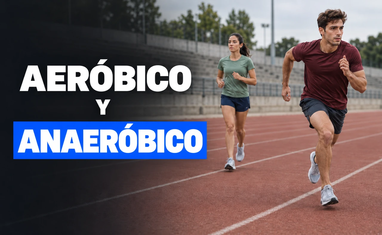 Dos deportistas jóvenes corriendo a ritmos diferentes en una pista de atletismo, con el titular «Aeróbico y anaeróbico».