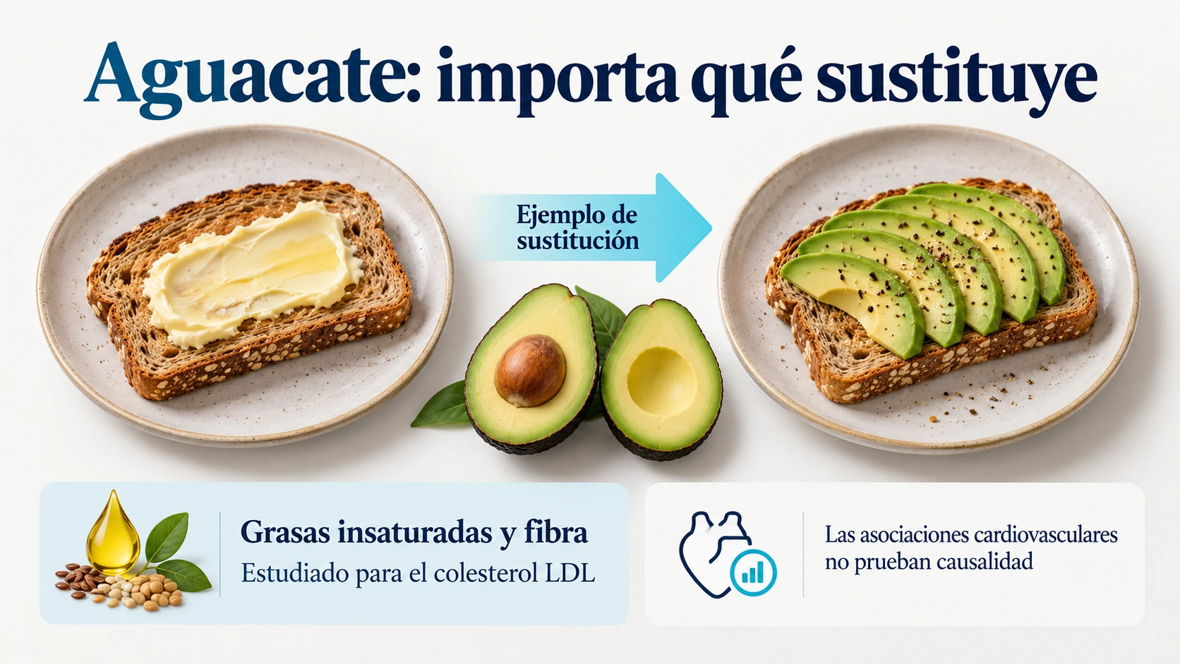 Sustitución de mantequilla por aguacate en una tostada y su relación con las grasas insaturadas, la fibra y el colesterol LDL.
