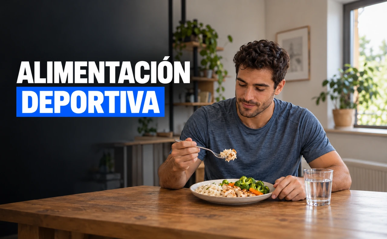 Deportista joven sentado ante un plato de arroz, pollo y verduras, con un tenedor y un vaso de agua, junto al titular «Alimentación deportiva».