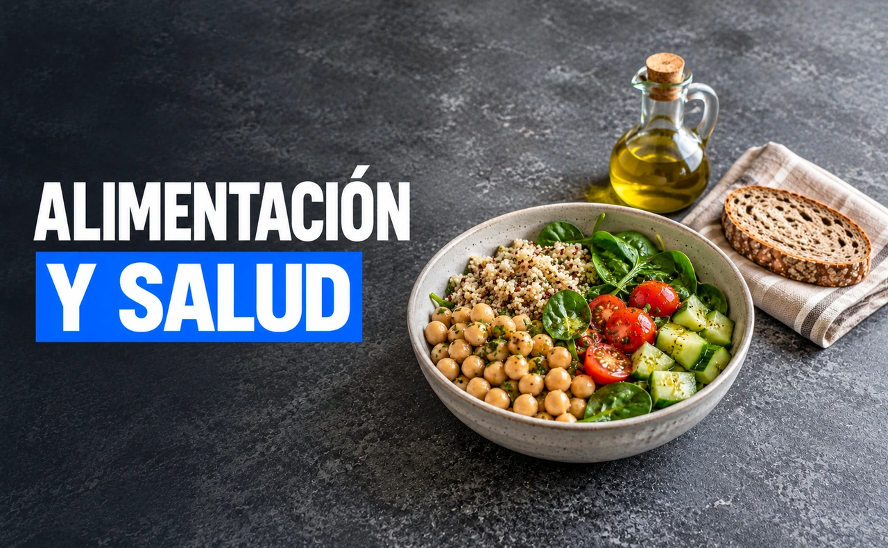 Bol con garbanzos, cereales y verduras, acompañado de pan integral y aceite de oliva, junto al titular «Alimentación y salud».