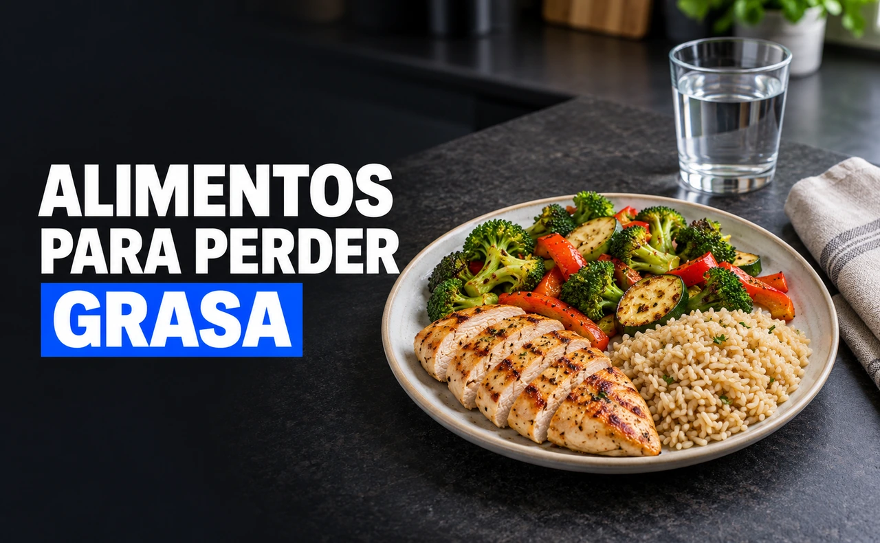 Plato de pollo, verduras y arroz con un vaso de agua, junto al titular «Alimentos para perder grasa».