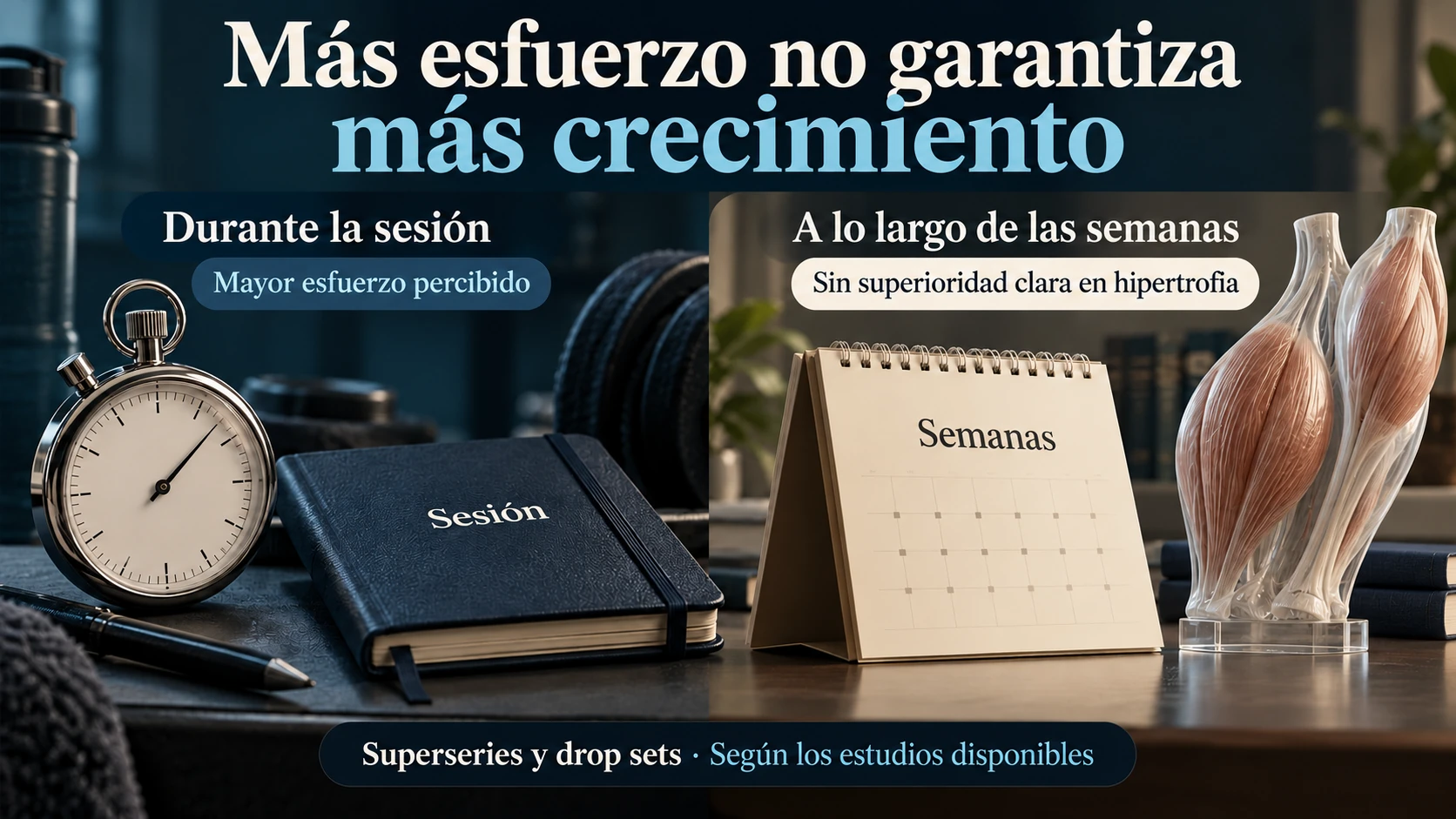 Diferencia entre el mayor esfuerzo agudo de superseries y drop sets y la ausencia de una superioridad clara en hipertrofia a largo plazo.