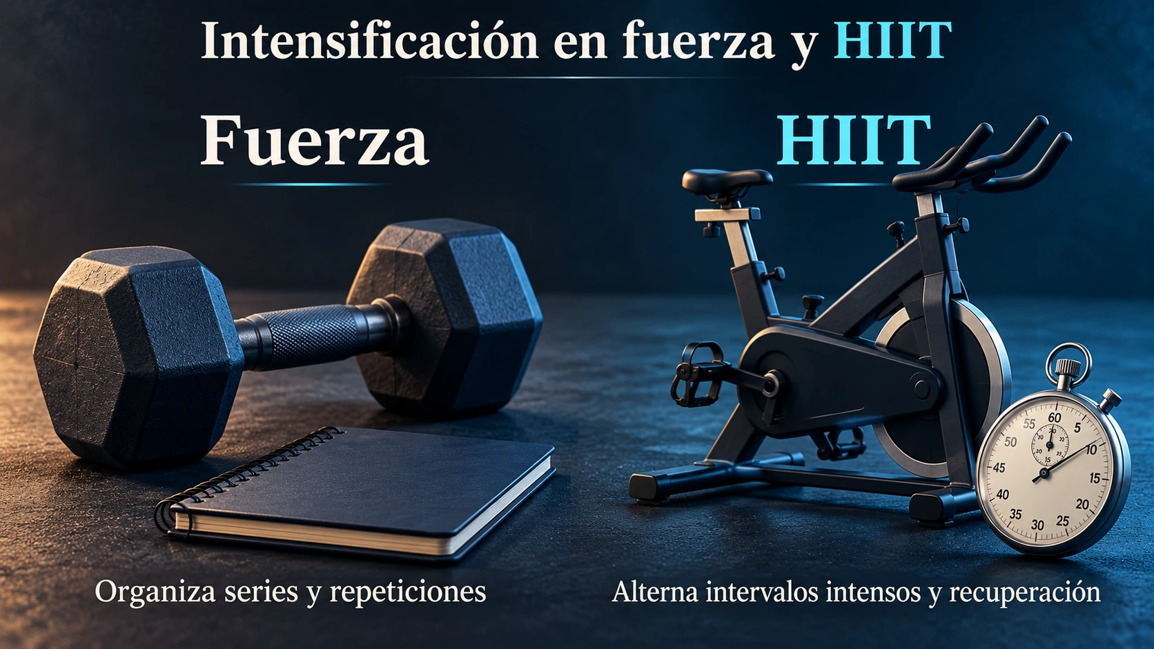 Distinción entre técnicas de intensificación de series de fuerza y entrenamiento HIIT con intervalos intensos y recuperación.