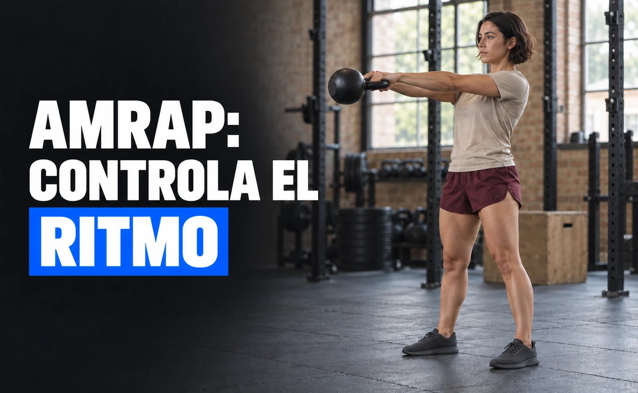 Deportista joven realizando un swing con kettlebell a dos manos en un gimnasio, con el titular «AMRAP: controla el ritmo».