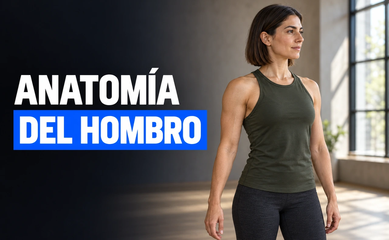 Deportista joven en vista de tres cuartos con el hombro visible, junto al titular «Anatomía del hombro».