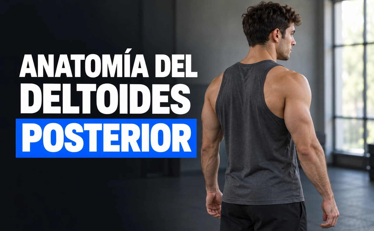 Deportista joven visto desde atrás en tres cuartos, con los hombros visibles y una camiseta sin mangas, junto al titular «Anatomía del deltoides posterior».