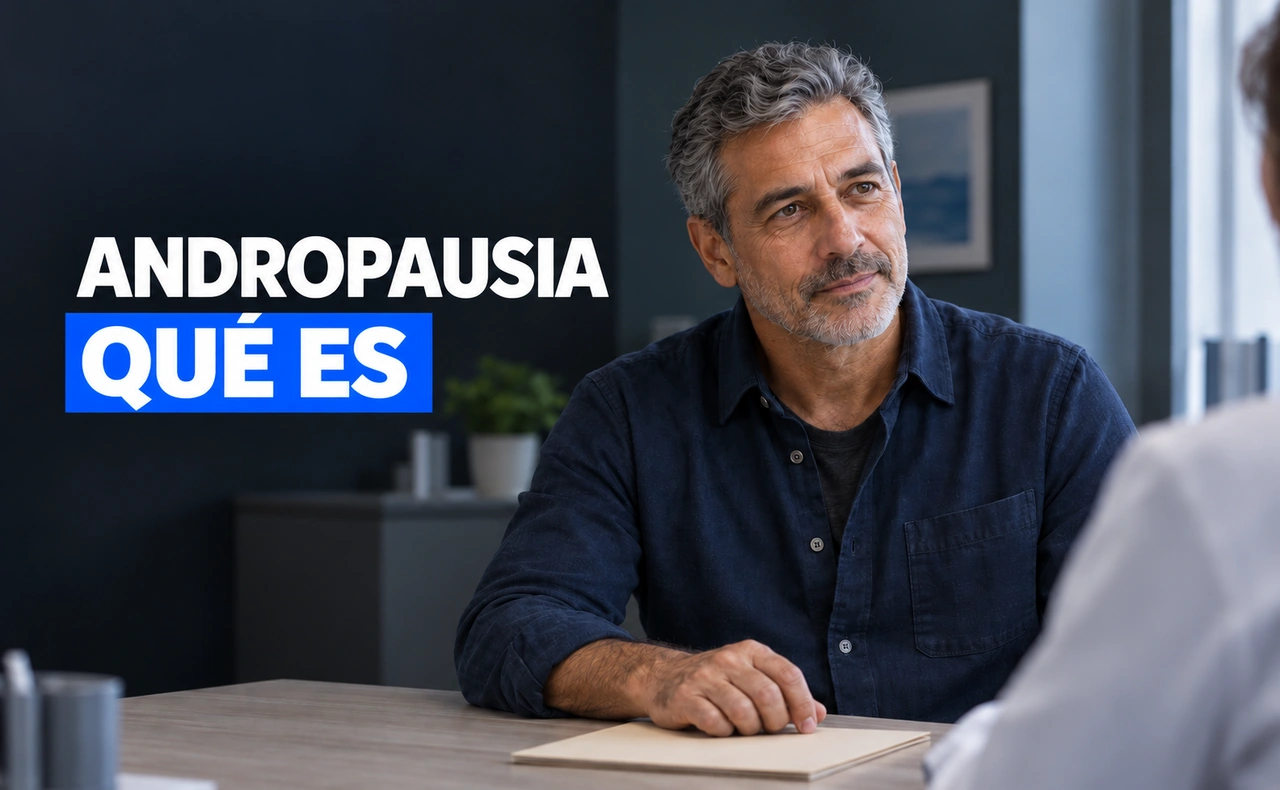 Hombre de pelo gris escuchando a un profesional en una consulta con el titular «ANDROPAUSIA QUÉ ES».