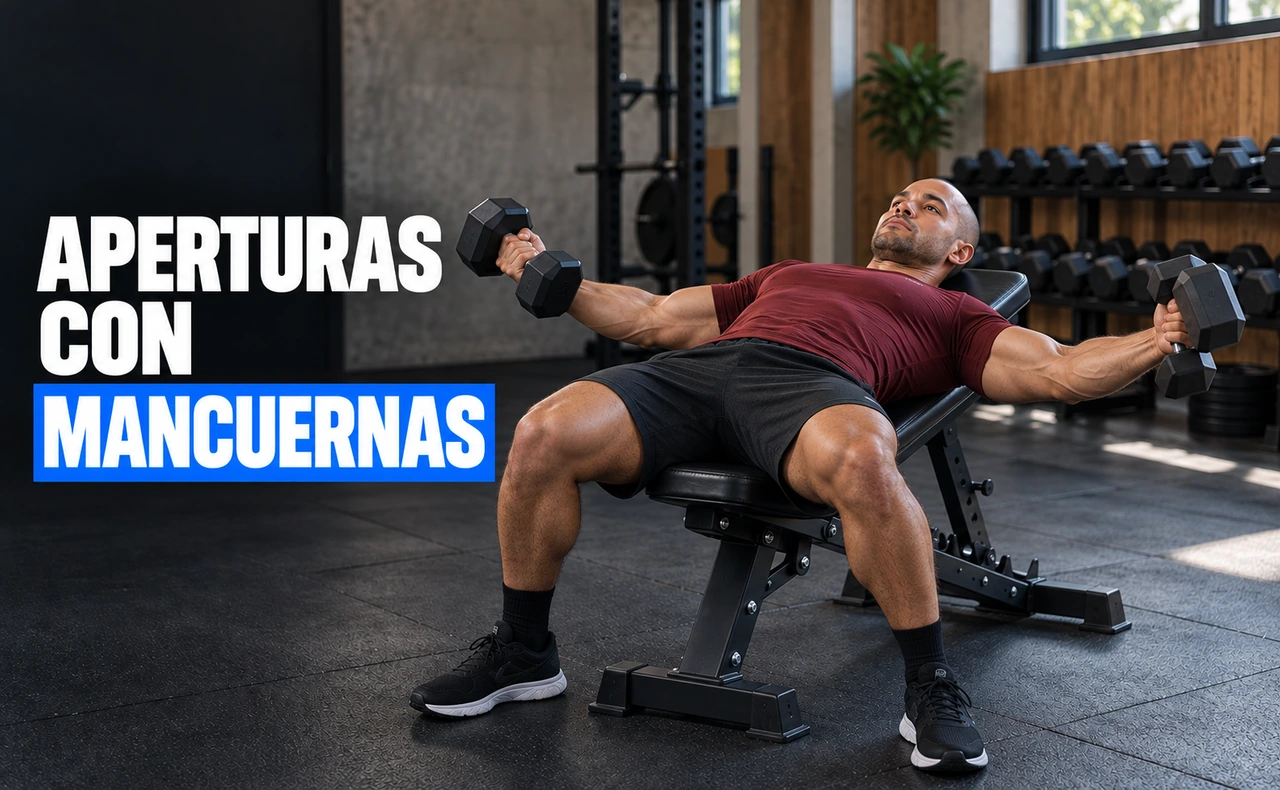 Hombre con camiseta burdeos realizando aperturas con mancuernas sobre un banco de inclinación baja. Titular: Aperturas con mancuernas.
