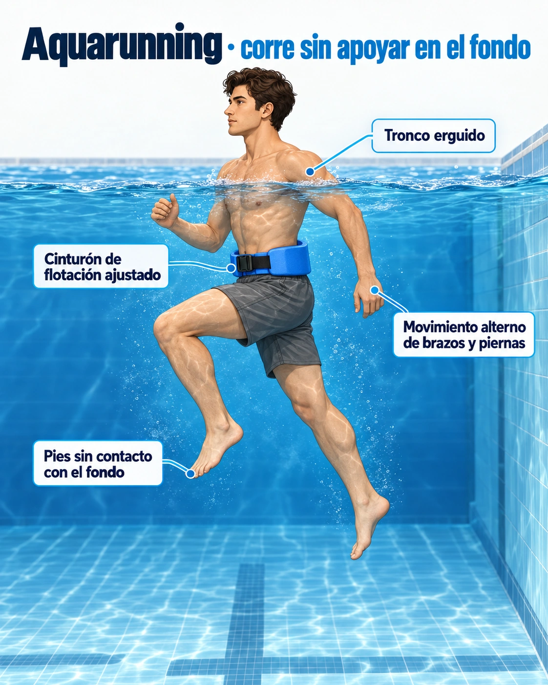Alumno realizando carrera en agua profunda con cinturón de flotación, tronco erguido y pies suspendidos sin tocar el fondo