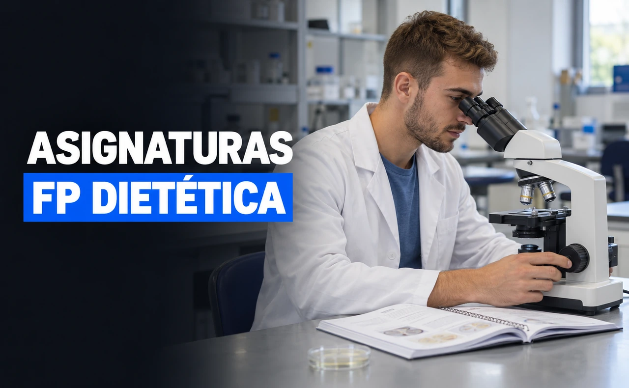 Joven con bata blanca utilizando un microscopio en un aula de laboratorio, junto a un cuaderno de prácticas, con el titular «Asignaturas FP Dietética».