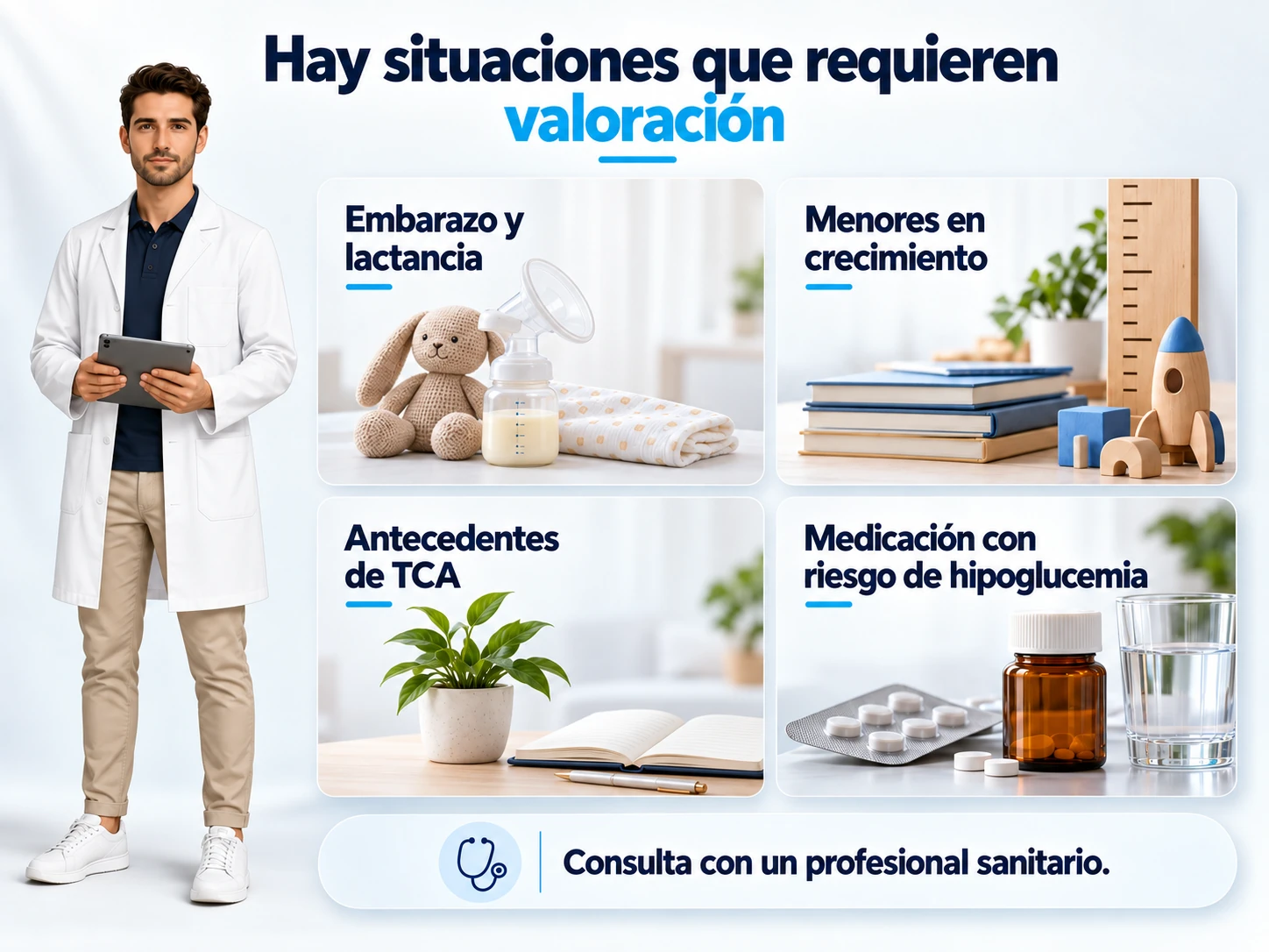 El embarazo, la lactancia, los menores, los antecedentes de TCA y la medicación con riesgo de hipoglucemia requieren atención específica.