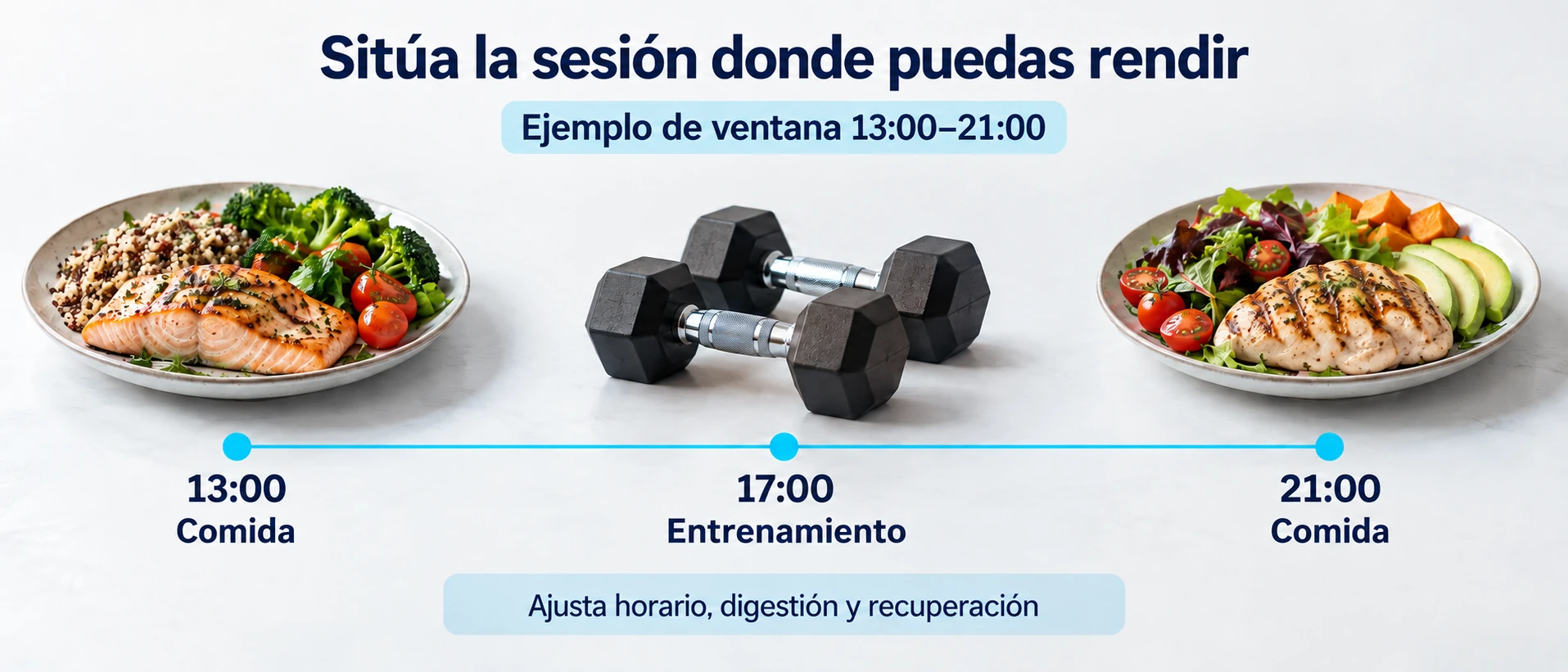 Un ejemplo de planificación sitúa una sesión entre comidas sin imponer una hora universal de entrenamiento.