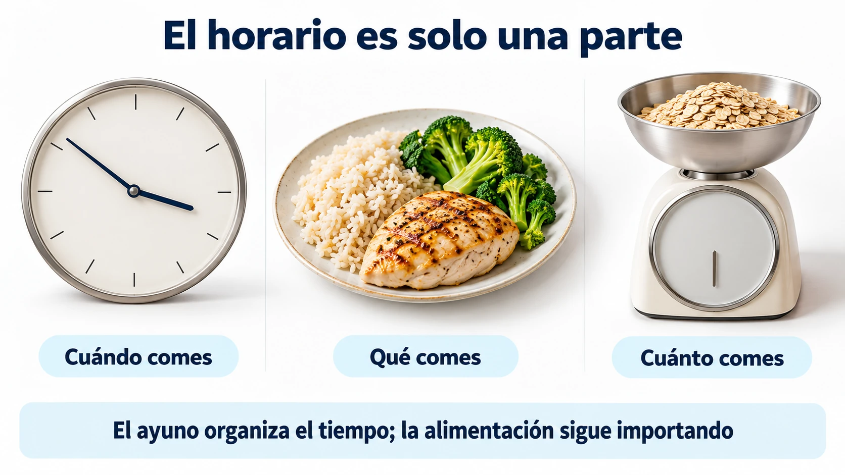 El ayuno organiza el horario; la calidad y la cantidad de alimentos siguen importando.