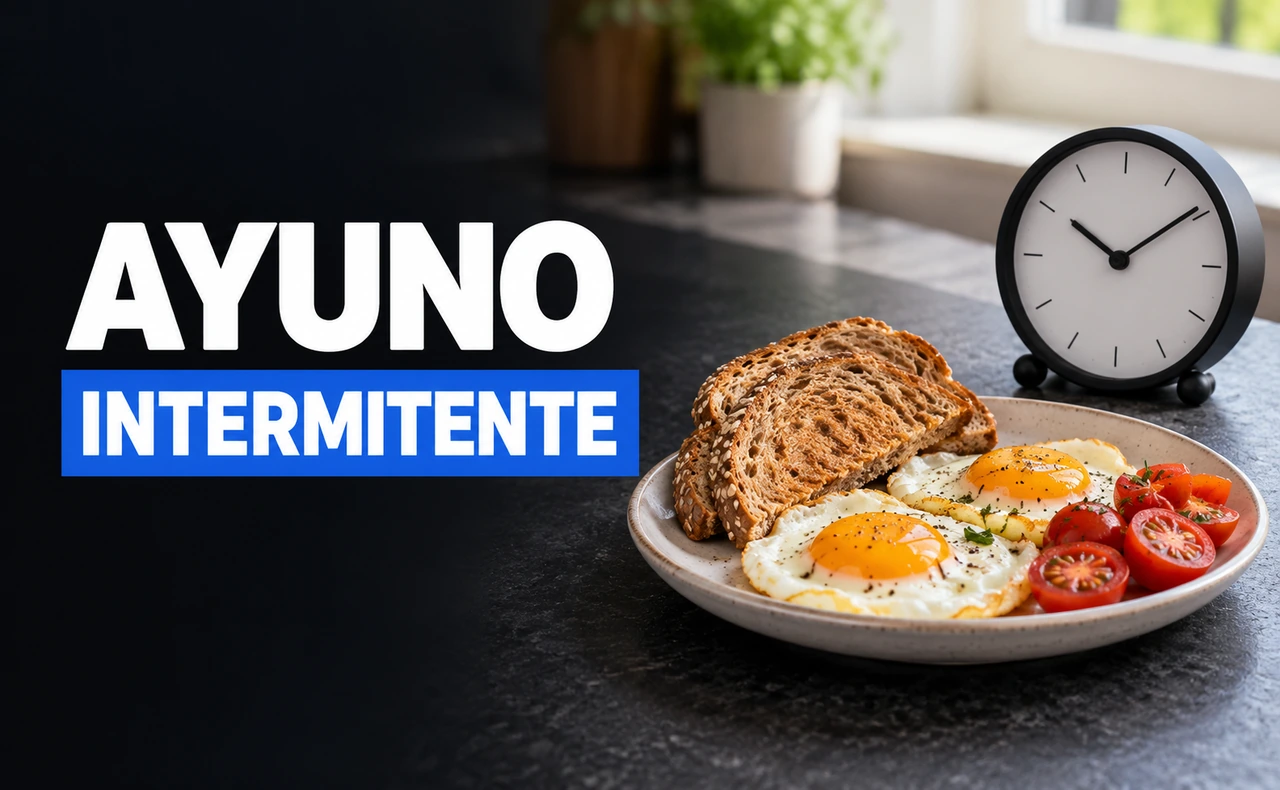 Plato con tostadas integrales, huevos y tomates junto a un reloj de mesa, con el titular «Ayuno intermitente».
