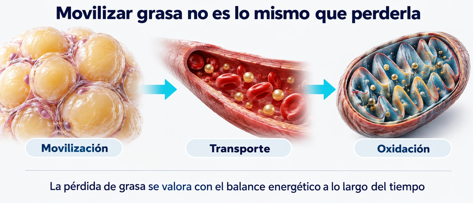 La movilización, el transporte y la oxidación de ácidos grasos son procesos distintos; la pérdida de grasa se valora a lo largo del tiempo.