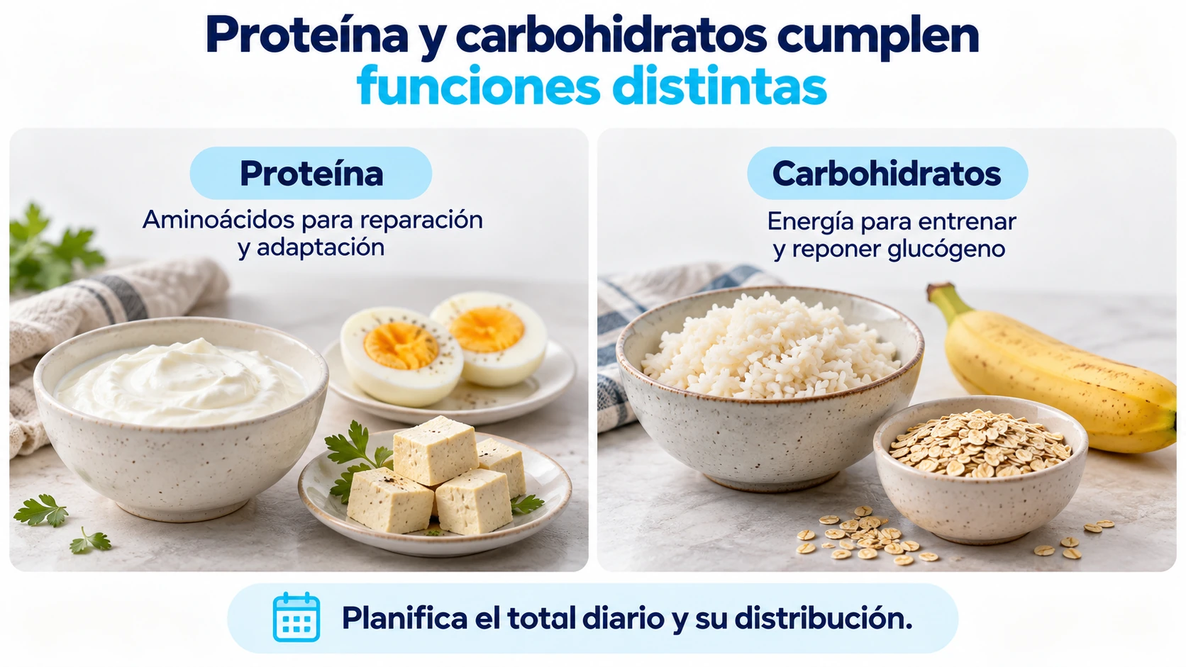 La proteína aporta aminoácidos; los carbohidratos ayudan a cubrir las demandas del entrenamiento y reponer glucógeno.