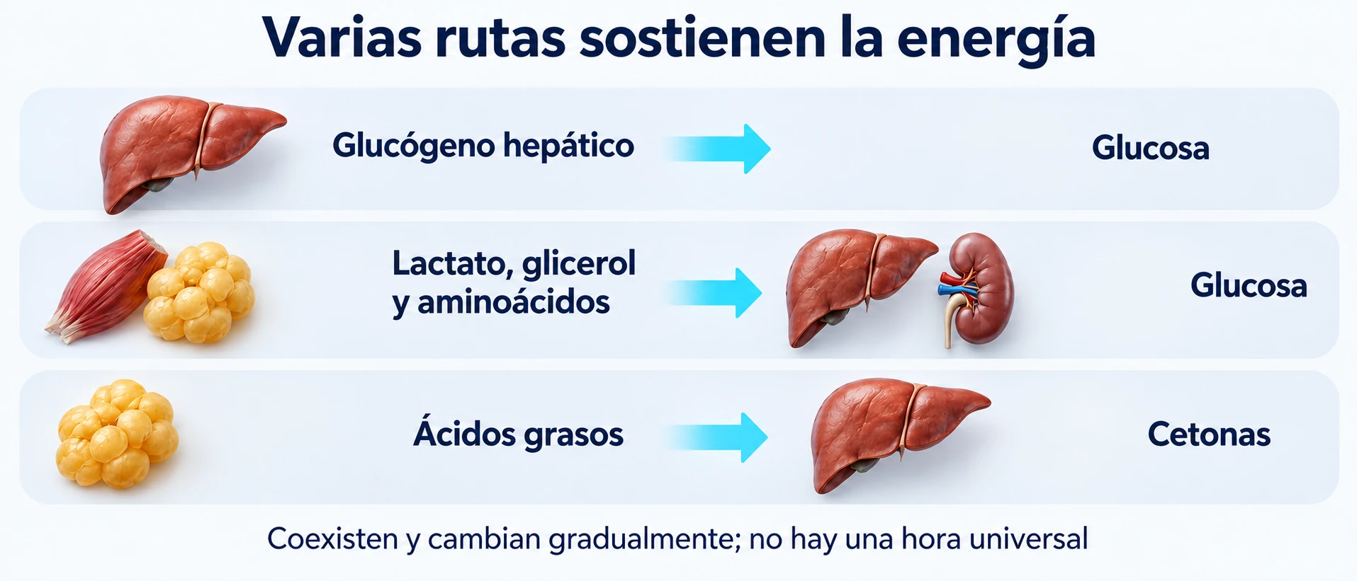 Durante el ayuno coexisten la producción de glucosa, la movilización de grasa y la cetogénesis.