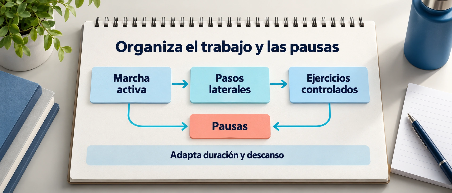 Una rutina en casa puede alternar marcha, pasos laterales y ejercicios controlados con descansos adaptados.