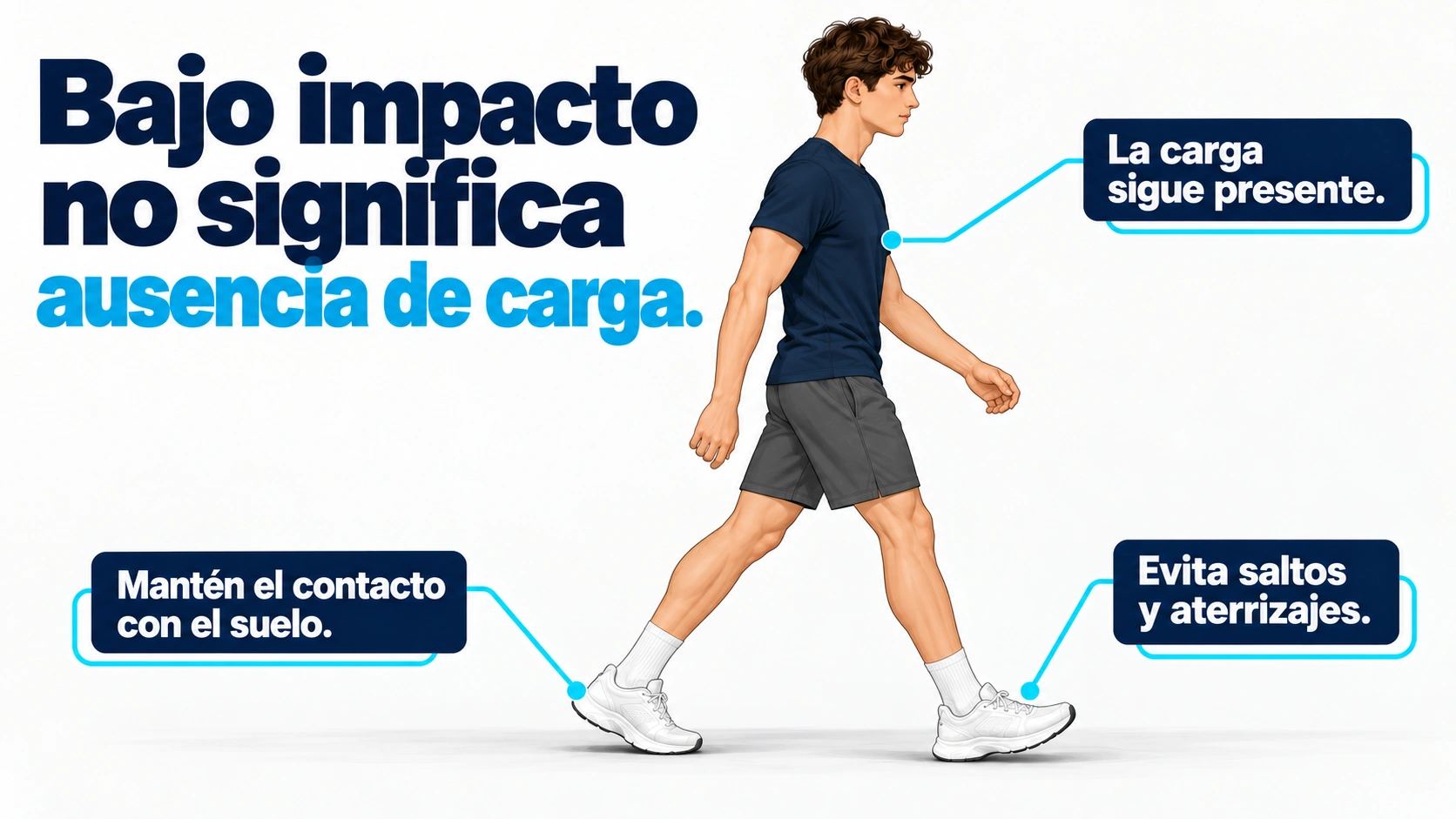 La marcha conserva al menos un pie en apoyo y evita aterrizajes tras una fase de vuelo, aunque sigue aplicando carga.