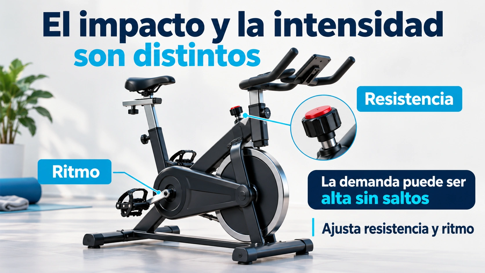 En la bicicleta estática puede cambiar la exigencia al ajustar la resistencia y el ritmo, sin añadir saltos.
