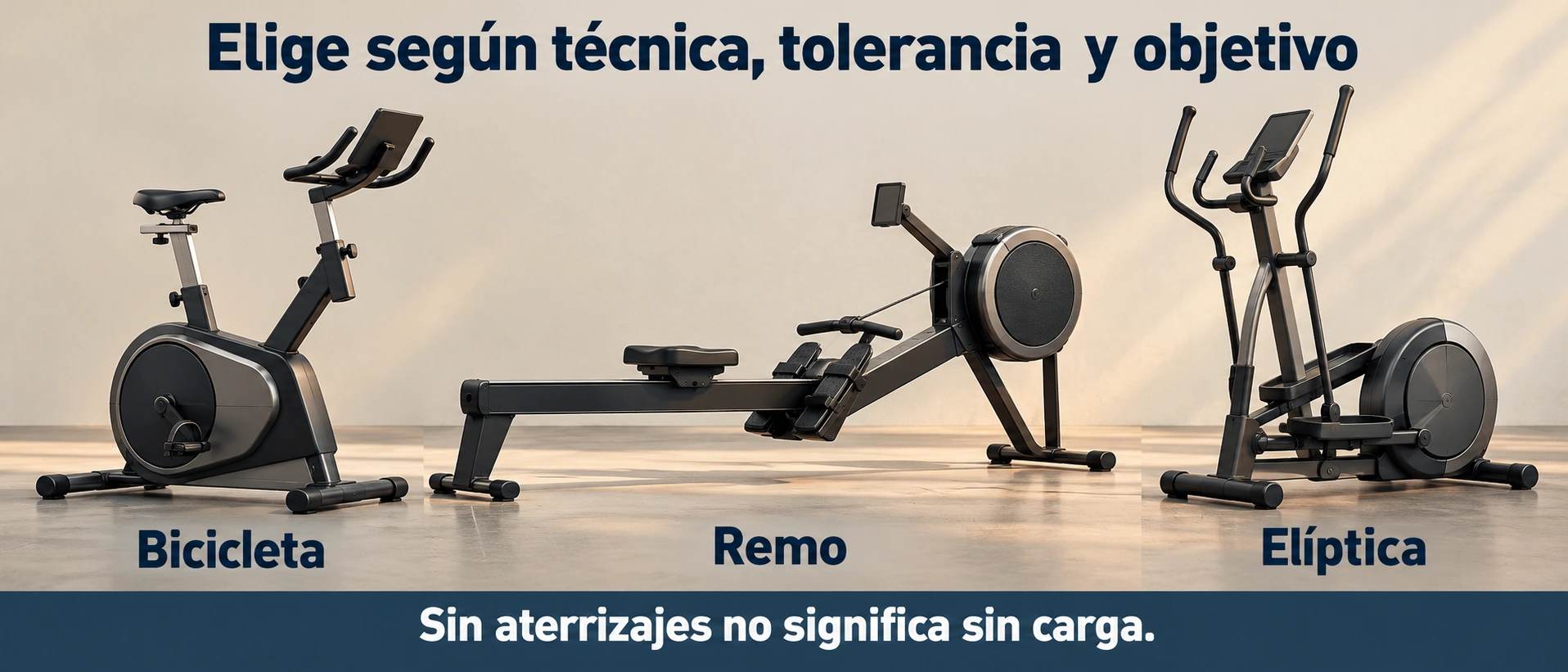 Bicicleta, remo y elíptica son opciones de cardio que se eligen según la técnica, la tolerancia y el objetivo.