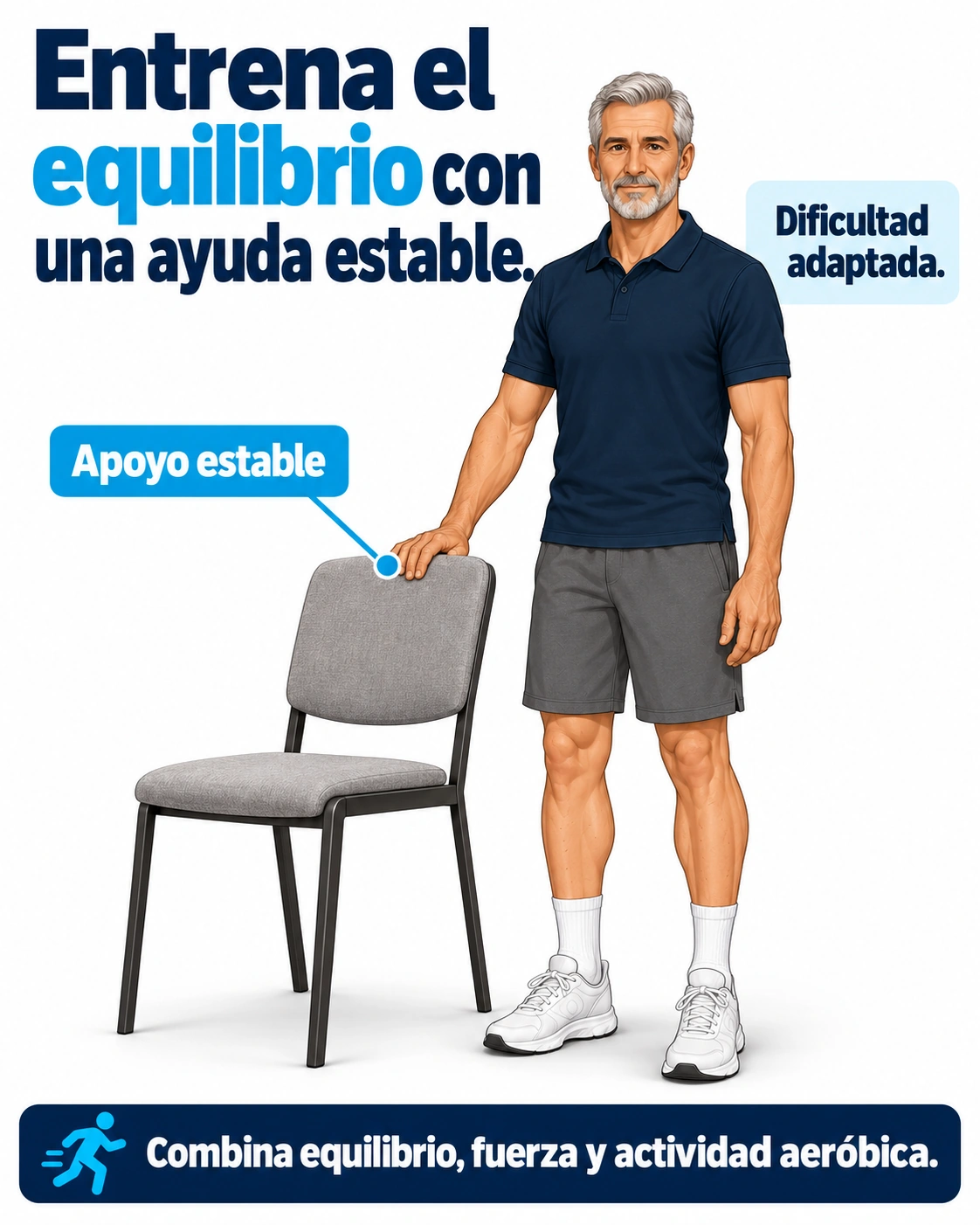 El trabajo de equilibrio se adapta al nivel y puede practicarse cerca de un apoyo estable junto con fuerza y actividad aeróbica.