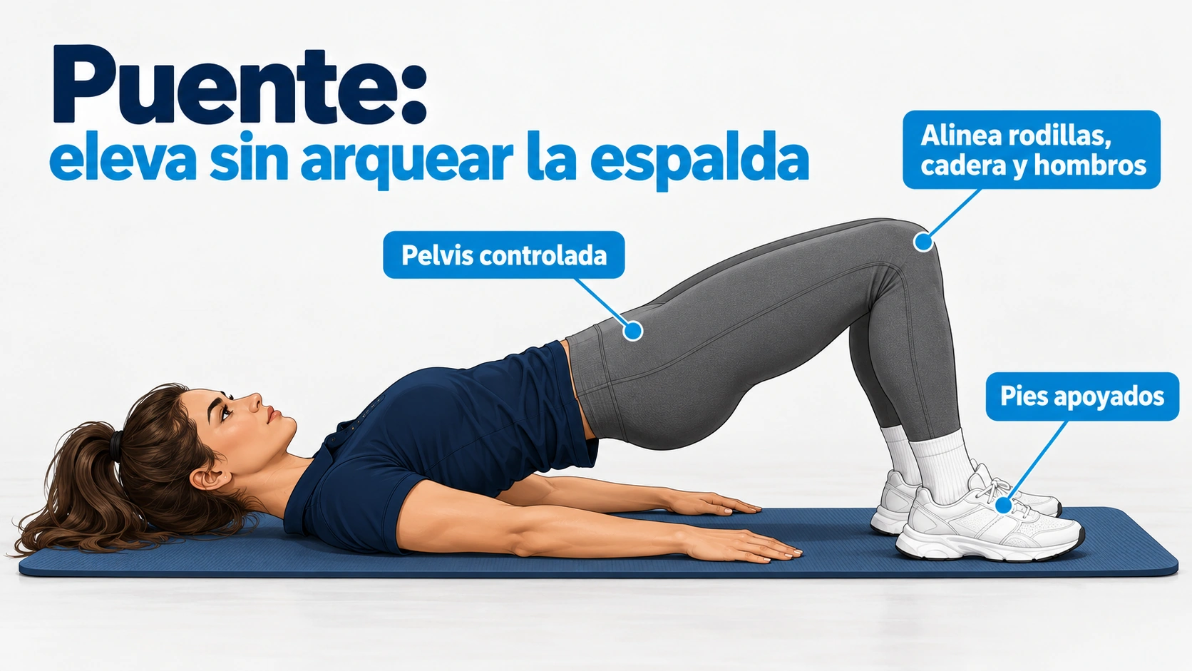 El puente de glúteos eleva la pelvis manteniendo pies y hombros apoyados, sin arquear en exceso la zona lumbar.