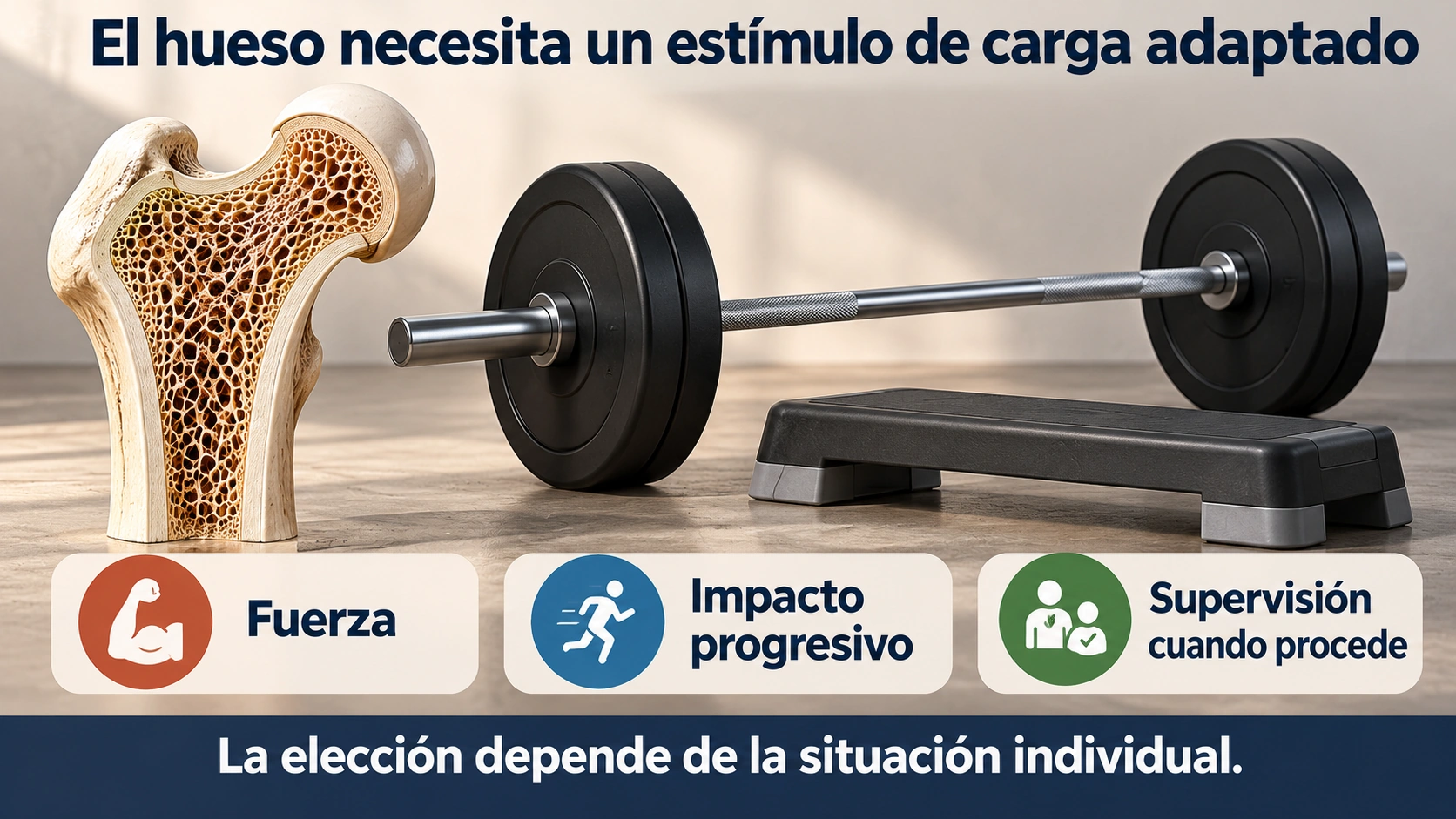 La salud ósea requiere valorar el estímulo de carga; fuerza e impacto progresivo se adaptan a la situación de cada persona.