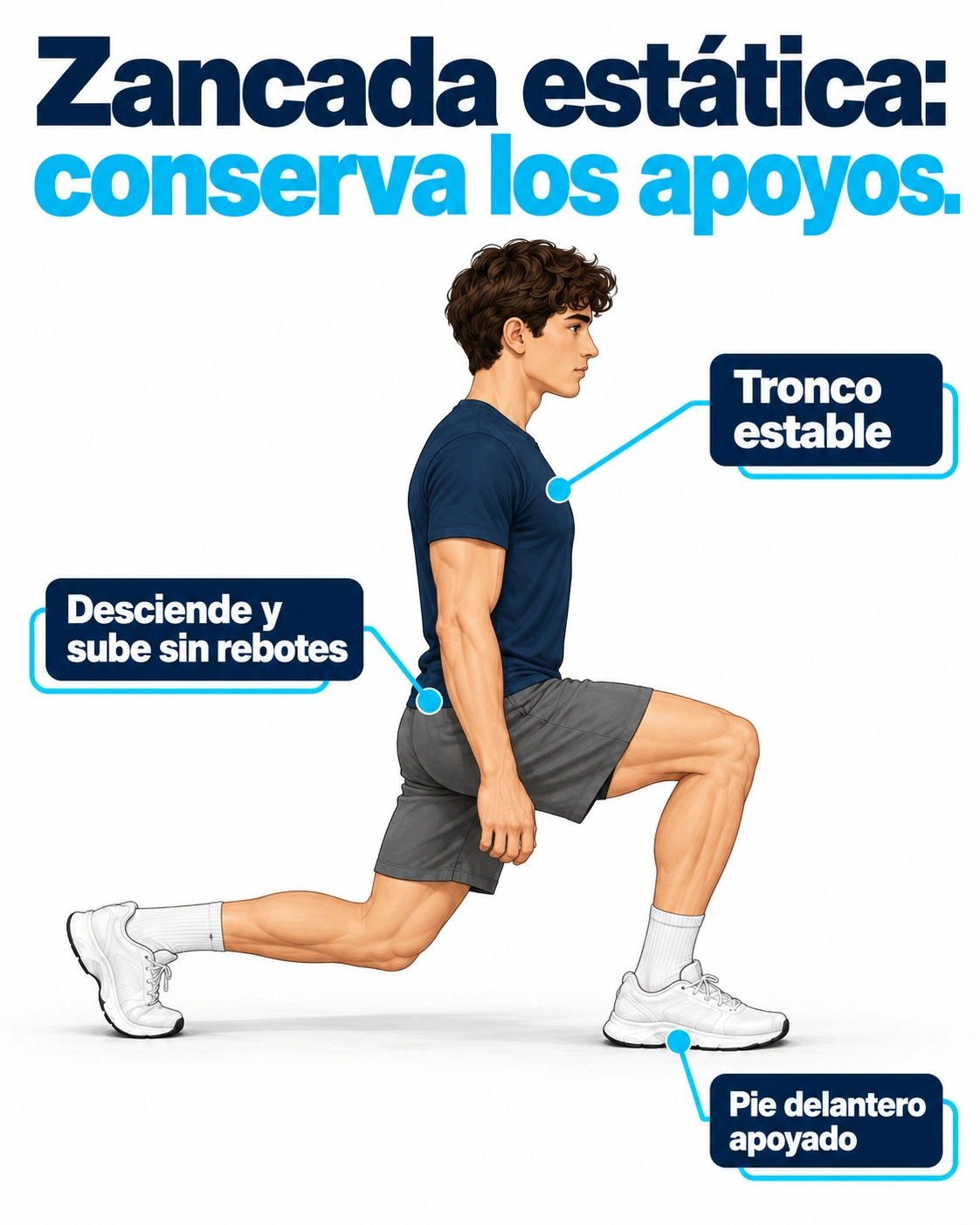 La zancada estática permite flexionar y extender las piernas manteniendo los pies en su posición y el tronco estable.