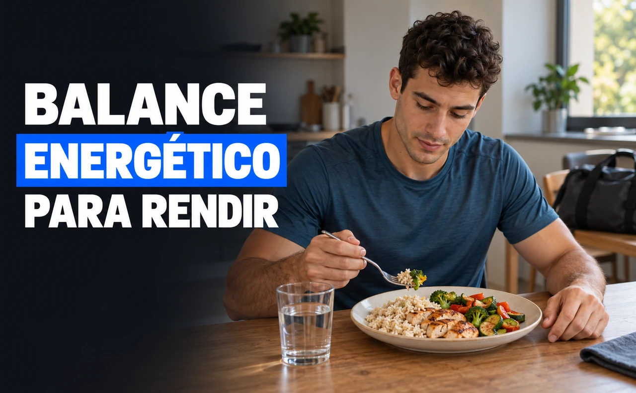 Deportista joven ante un plato de arroz, pollo y verduras en una mesa, con el titular «Balance energético para rendir».