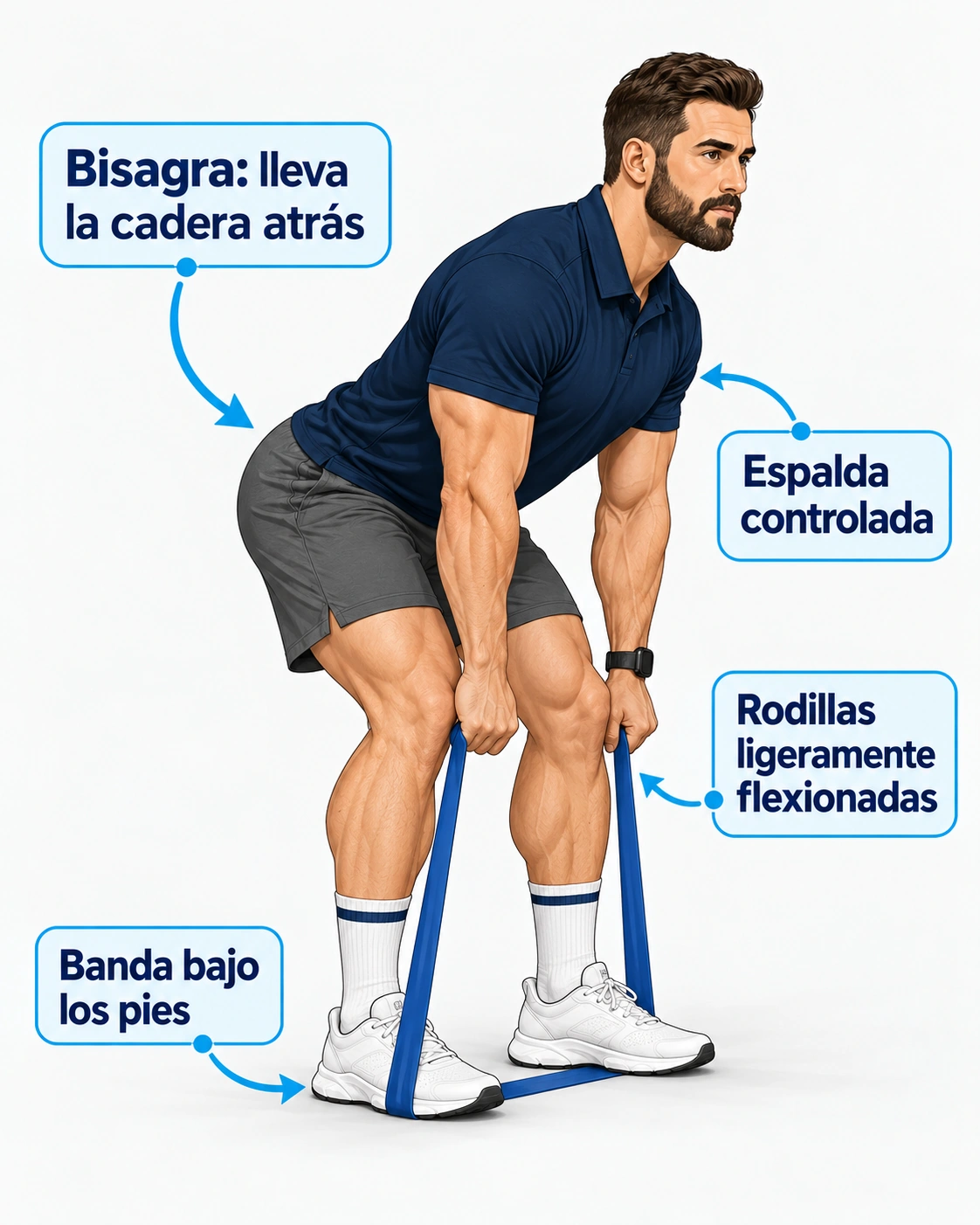 En la bisagra la cadera se desplaza atrás, las rodillas se flexionan ligeramente y la banda permanece fijada bajo los pies.