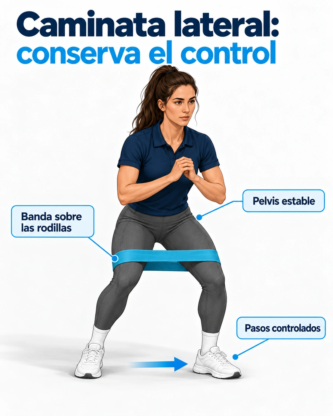 En la caminata lateral la minibanda se coloca por encima de las rodillas y se mantiene el control de pelvis, rodillas y apoyos.