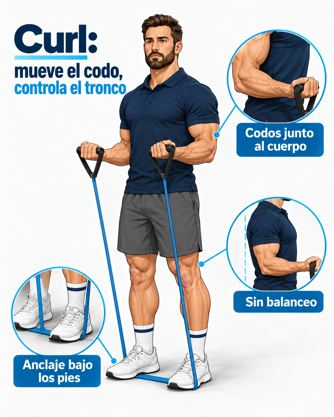 En el curl se flexionan los codos mientras la banda permanece fijada bajo los pies y el tronco evita el balanceo.