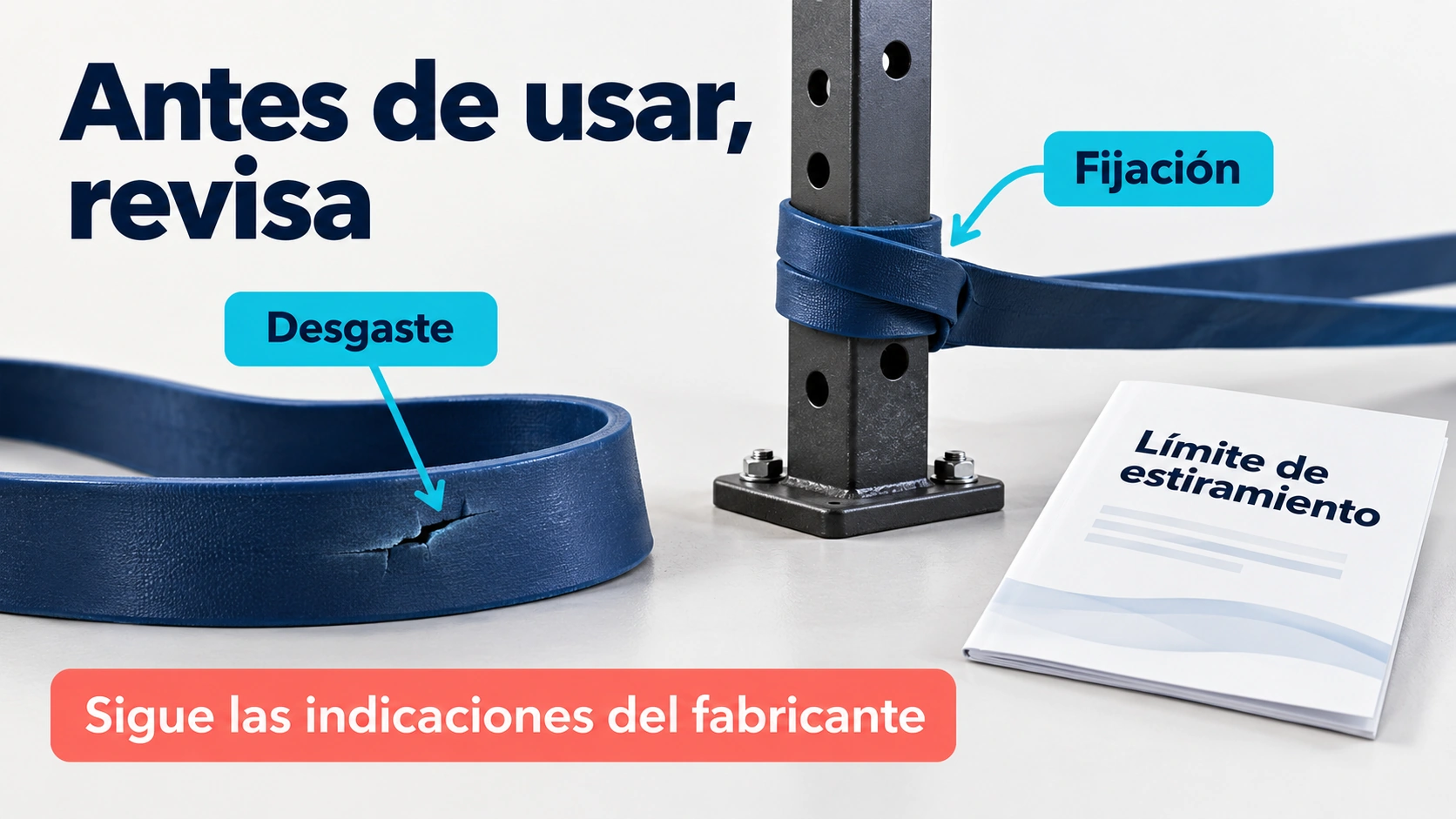 La revisión del material, del anclaje y del límite de estiramiento ayuda a utilizar las bandas según las instrucciones del fabricante.