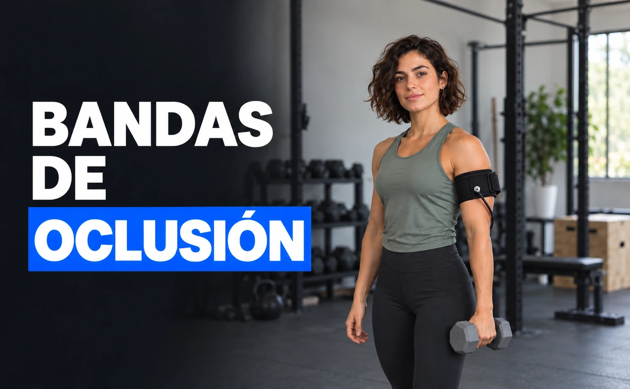 Joven atlética con camiseta deportiva verde y un manguito negro en la parte alta del brazo, sosteniendo una mancuerna ligera. Titular: «Bandas de oclusión».