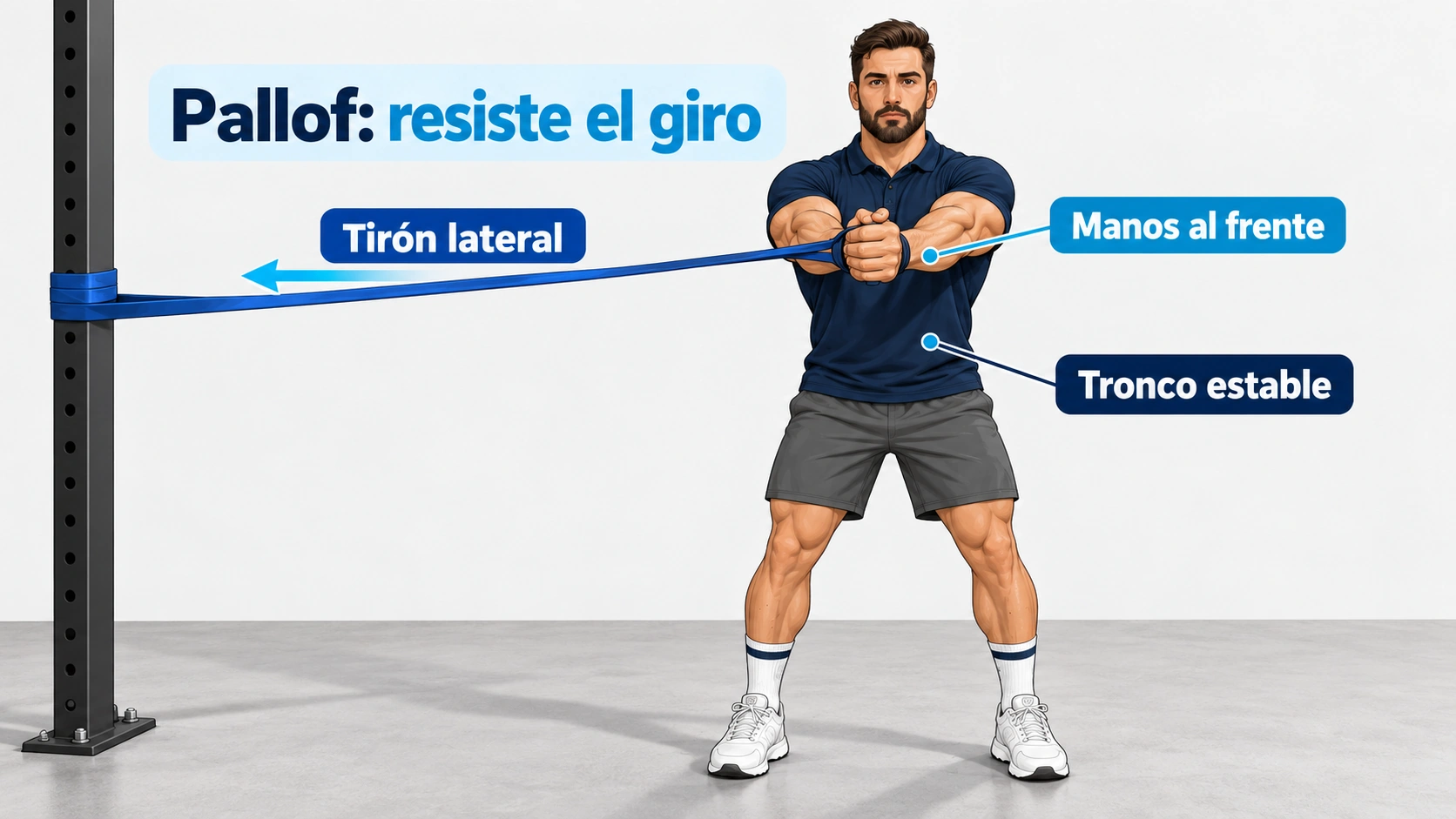 En el Pallof la banda tira desde un lado mientras las manos se extienden delante del pecho y el tronco mantiene su orientación.