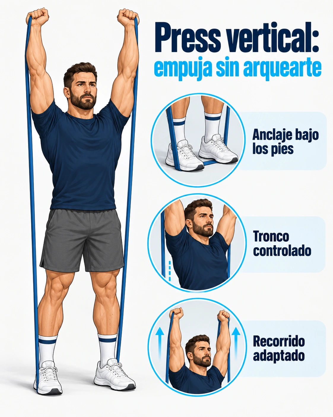 En el press vertical la banda se fija bajo los pies y se empuja hacia arriba manteniendo el control del tronco.