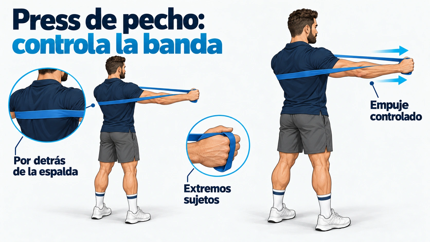 En el press de pecho la banda pasa por detrás de la espalda y los extremos quedan sujetos con las manos.