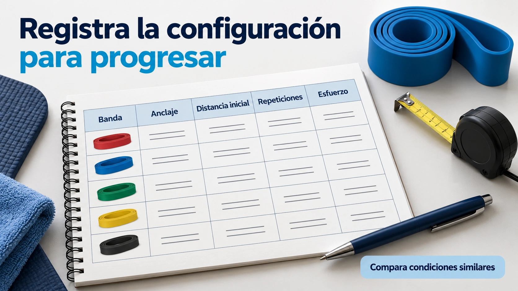 Para comparar sesiones conviene registrar la banda, el anclaje y la distancia inicial, además del esfuerzo y las repeticiones.