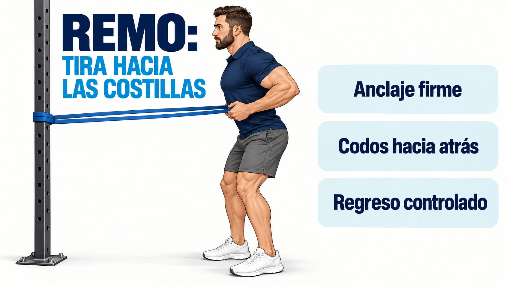 En el remo de pie la banda se ancla delante y se acerca a las costillas con un regreso controlado.