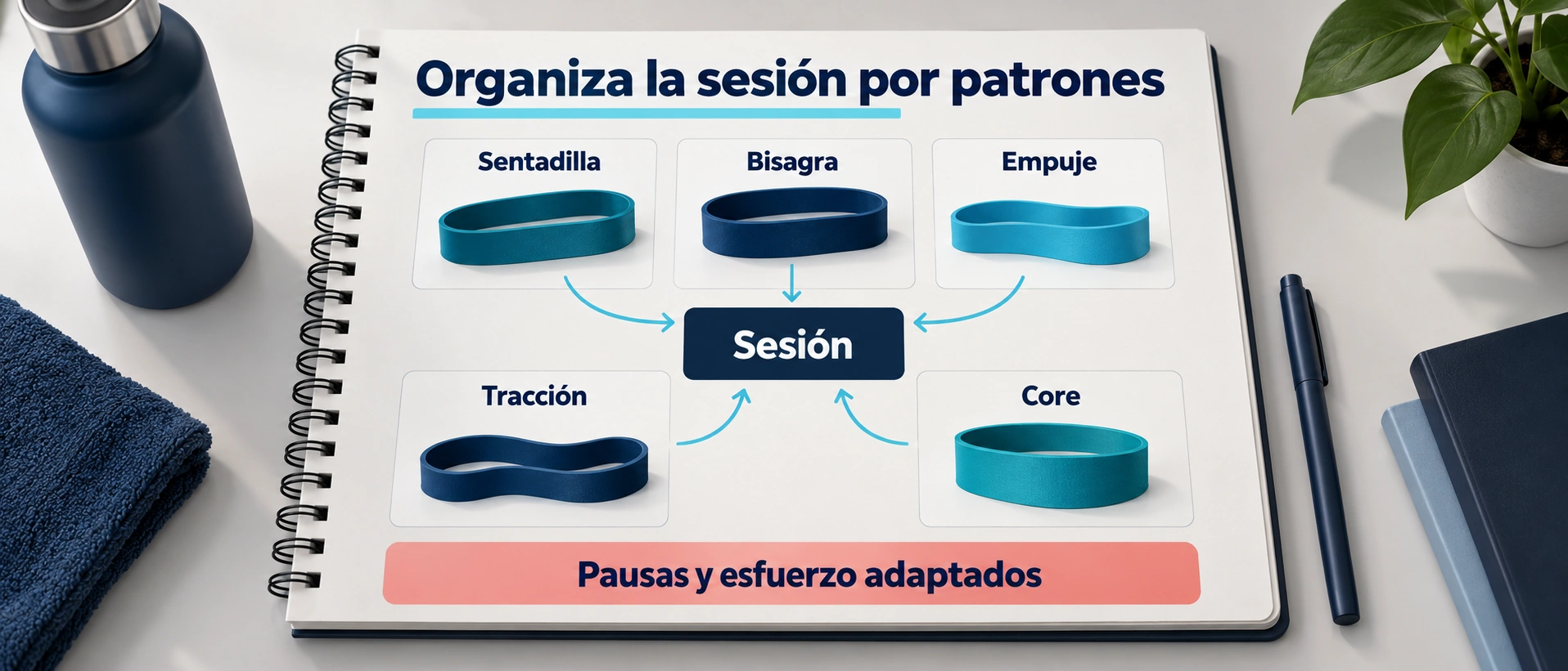 Una sesión puede combinar sentadilla, bisagra, empuje, tracción y core con resistencia y descansos adaptados.