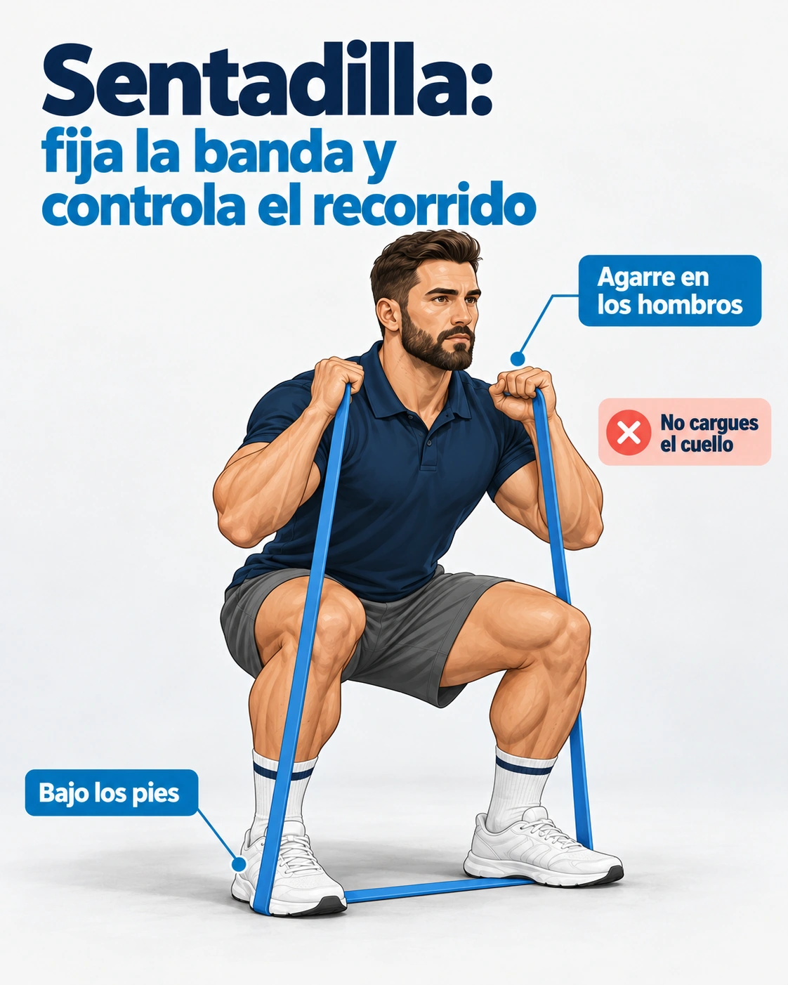 La banda se fija bajo los pies y se sostiene con las manos a la altura de los hombros, sin cargar directamente el cuello.