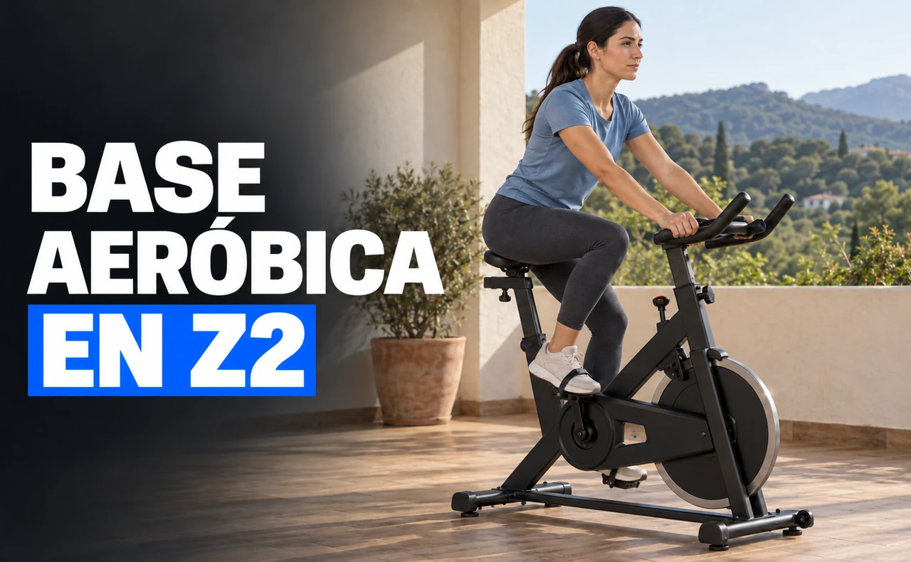 Deportista joven pedaleando sentada en una bicicleta estática en una terraza, con el titular «Base aeróbica en Z2».