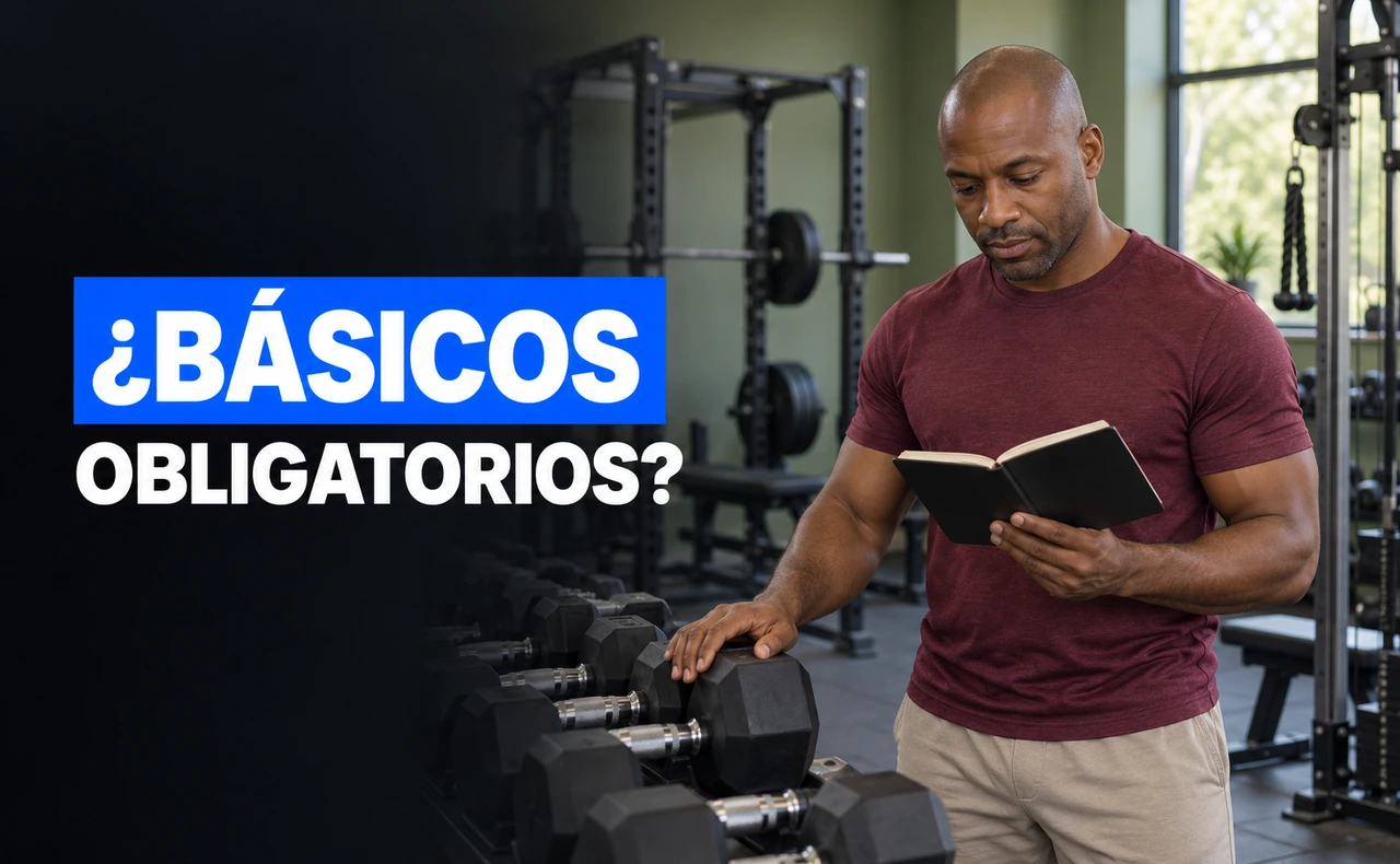 Hombre consultando un cuaderno de entrenamiento junto a un soporte de mancuernas. Titular: «¿Básicos obligatorios?».
