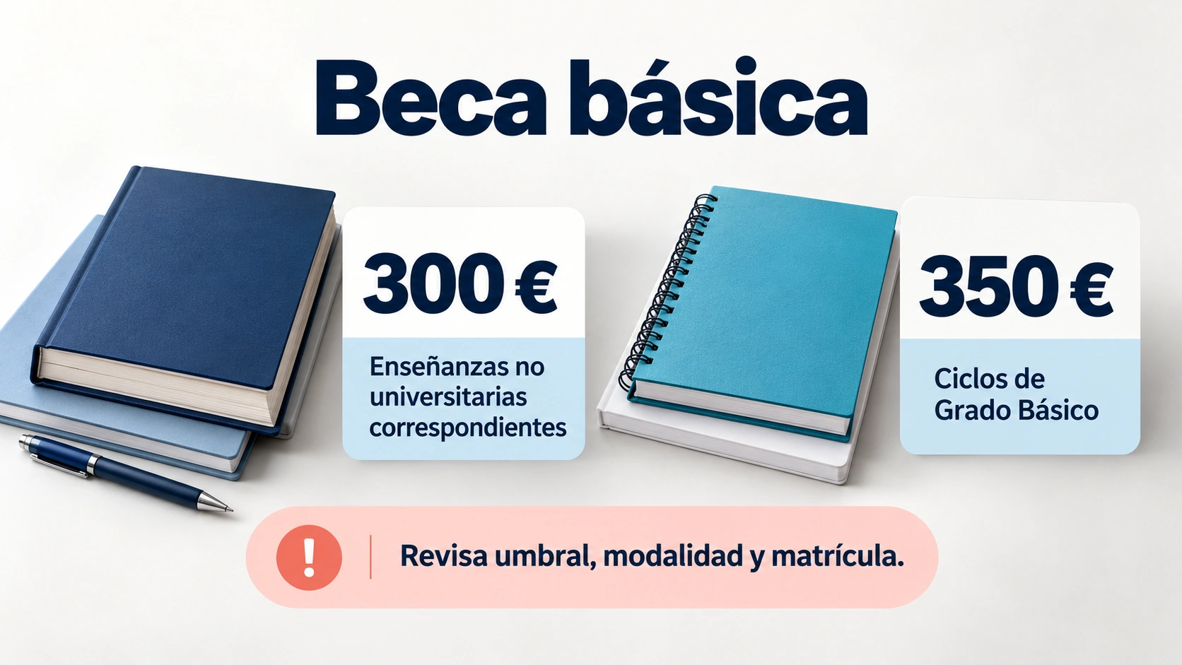 La beca básica tiene un importe ordinario de 300 euros y de 350 euros para los ciclos de Grado Básico.